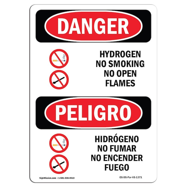 Safety Sign, OSHA, 24" Height, Aluminum, Hydrogen No Smoking No Open Flames Spanish